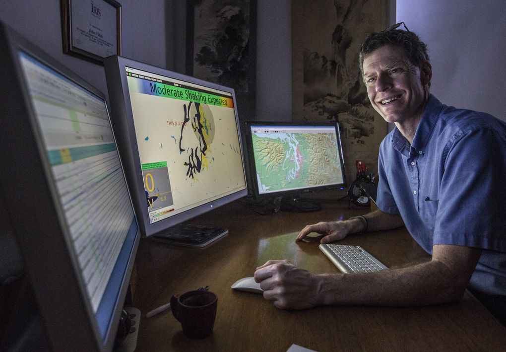 Pacific Northwest Seismic Network director John Vidale, with the system that will be tested on businesses and agencies next week. (Steve Ringman/The Seattle Times)