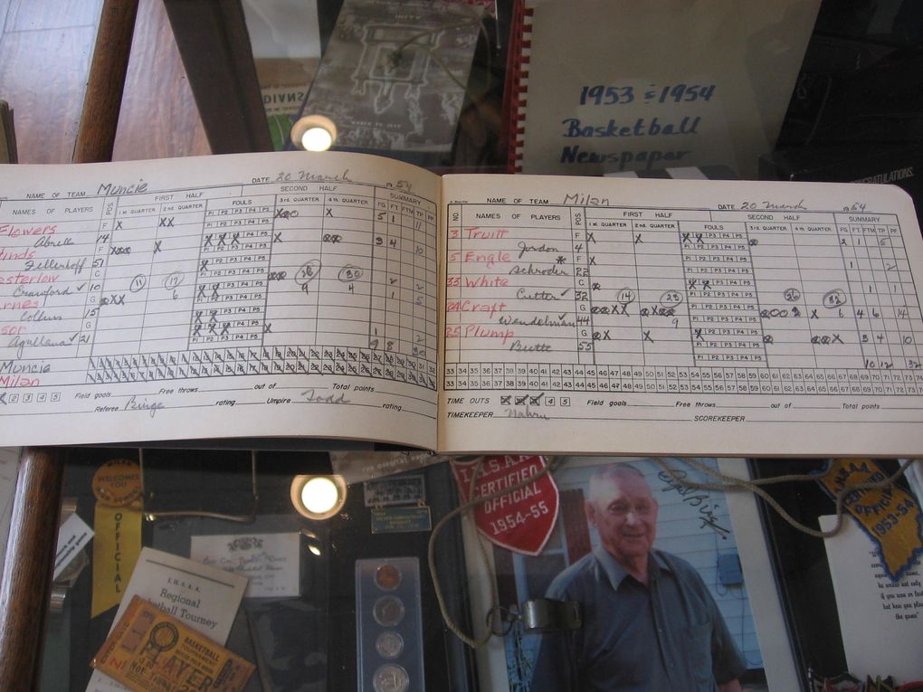 The official scorebook from the historic 1954 high-school state championship game between Milan and Muncie Central is in this display case at the Milan ’54 Hoosiers Museum in Milan, Ind.
Bill Kossen photo