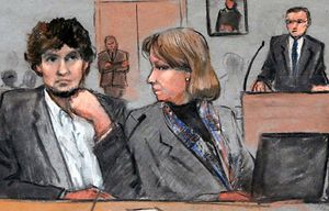 In this courtroom sketch, Dzhokhar Tsarnaev, center, is depicted between defense attorneys Miriam Conrad, left, and Judy Clarke, right, during his federal death penalty trial, Thursday, March 5, 2015, in Boston. Tsarnaev is charged with conspiring with his brother to place two bombs near the Boston Marathon finish line in April 2013, killing three and injuring 260 people. (AP Photo/Jane Flavell Collins)