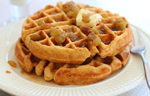 This Feb. 16, 2015 photo shows carrot cake waffles with ginger raisin syrup in Concord, N.H. (AP Photo/Matthew Mead)