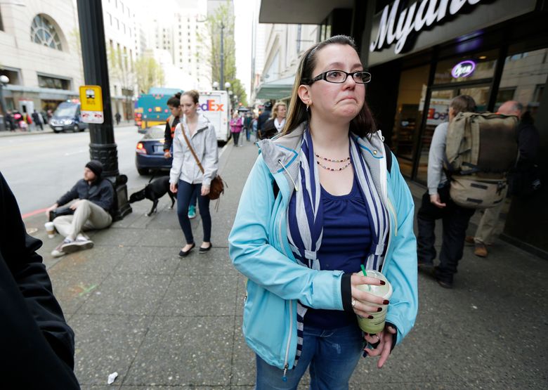 Misti Barrickman tears up as she talks about her years of drug use and other crimes on the streets of downtown Seattle, Tuesday, April 7, 2015. After many arrests related to her heroin addiction, she has found sobriety and success over the last two years through a first-of-its-kind program called Law Enforcement Assisted Diversion, aimed at keeping low-level drug offenders and prostitutes out of jail and receiving services for housing, counseling and job training. A study released Wednesday, April 8, 2015, by the University of Washington found encouraging signs of the program’s effectiveness, and other cities are hoping to start programs of their own. (AP Photo/Ted S. Warren)