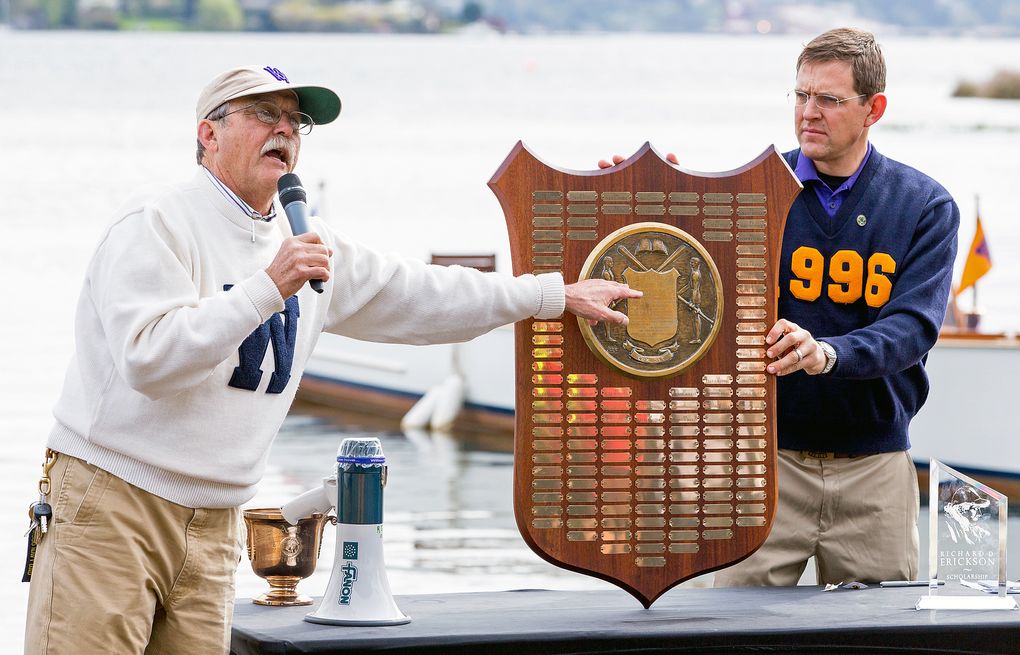 UW women’s crew coach Bob Ernst, left, and men’s crew coach Michael Callahan take part in the post-race festivities after the 2015 Class Day Regatta in late March. (Photo courtesy Washington Athletics)