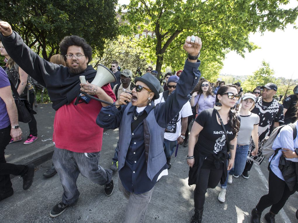 Activist Mark Cook speaks to the crowd at a “Black Lives Matter” rally in Seattle, Friday, May 1, 2015. (Steve Ringman / The Seattle Times)