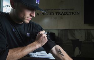 Husky outfielder Braden Bishop honors his mother each time he take the field, writing on his forearm “4MOM.”  Bishop’s mother has early onset Alzheimer illness.  This Sunday at Arizona, players from both teams will honor Braden’s mother, and their own mothers, by writing the same sentiment on their own arms.