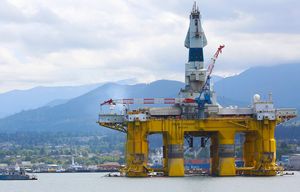 On Monday May 4, 2015 the 400-foot-long Shell drilling rig destined for Arctic waters off Alaska, sits in the bay in front of Port Angeles.
The Port of Seattle must apply for a new land-use permit in order to serve as a hub starting this summer for Shell’s offshore Arctic oil-drilling fleet, Seattle Mayor Ed Murray said Monday morning.