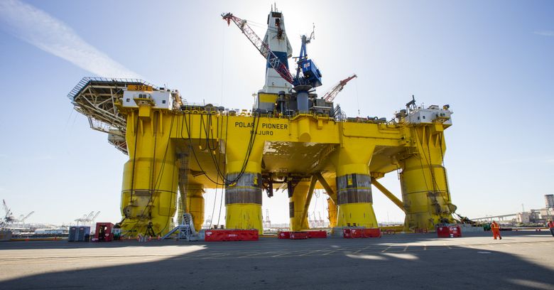 The Polar Pioneer oil-drilling rig is longer than a football field.  (MIke Siegel/The Seattle Times)