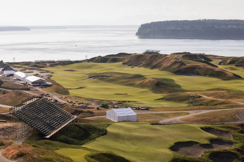 Holes 1 and 18 meet near the shoreline. PGA officials gave a tour of Chambers Bay Wednesday, May 20, 2015. Chambers Bay will host the 2015 U.S. Open in June. (Dean Rutz / The Seattle Times)