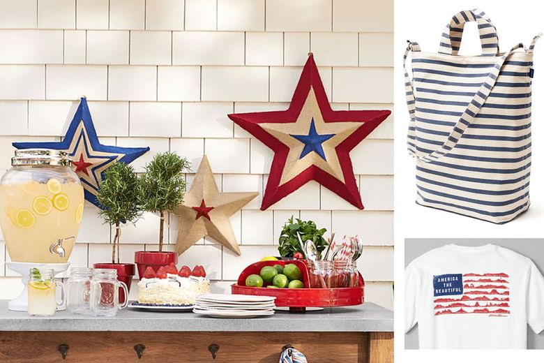 Clockwise from top left: Pottery Barn Burlap Stars, $15.50–$31.50; Baggu Duck Bag in Sailor Stripe, $26; Eddie Bauer America the Beautiful Graphic T-Shirt, $20