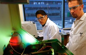 Seattle, Wa. January 14, 2015Juno Therapeutics, a cancer Immunotherapy research lab, brought in the most venture capital this year.Nate Chartrand, at right, and Nathan Yee prepare cell samples for the laser based flow cytometer to analyze.