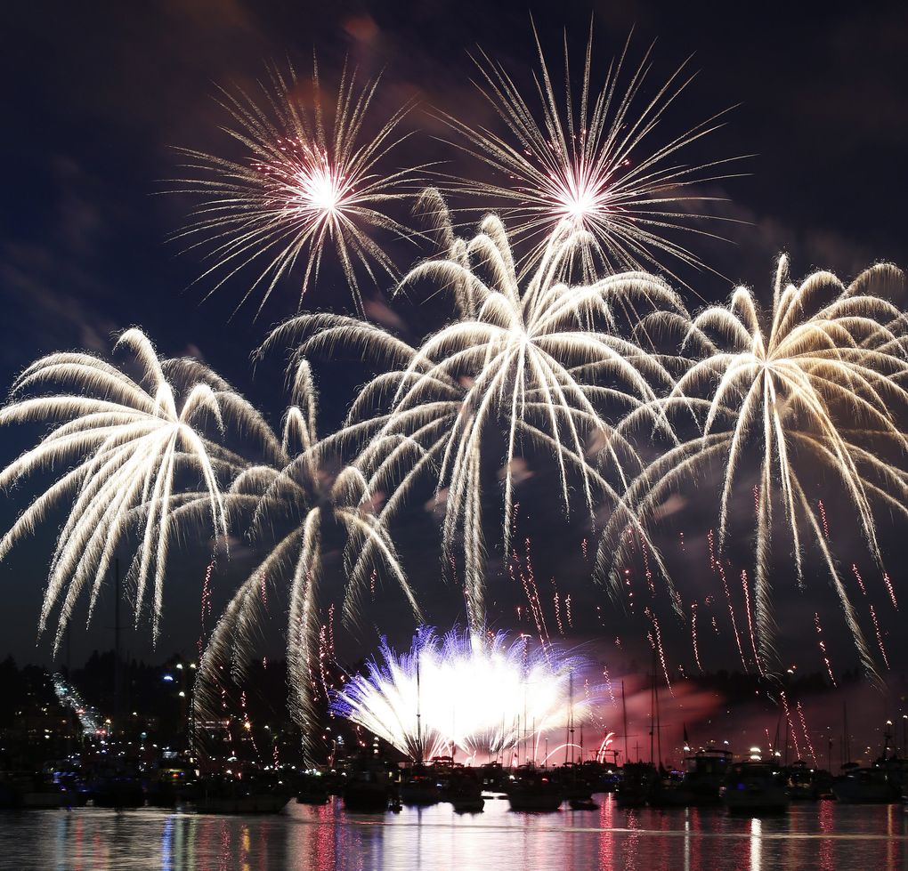 Fireworks explode over Lake Union for the Fourth of July, Saturday, July 4, 2015. (Sy Bean / The Seattle Times)