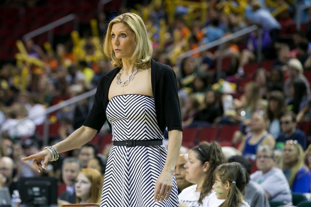 Seattle Head Coach Jenny Boucek gives instructions as the Seattle Storm defeat the Los Angeles Sparks 68-61 at Key Arena in Seattle. (Bettina Hansen / The Seattle Times)