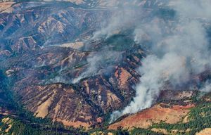 This photo looking due north taken on Thursday evening, July 23, 2015, shows the southern-most tip of The Blue Creek Fire near Walla Walla, Washington. (Greg Lehman/Walla Walla Union-Buletin via AP) WAWAL101