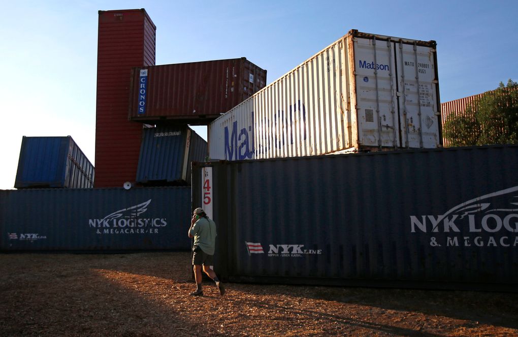 Designed by Christian French and Equinox Special Projects Division, “Estuary” is an art installation made out of shipping containers that also acts as a gathering place and a stage. (Sy Bean/The Seattle Times)