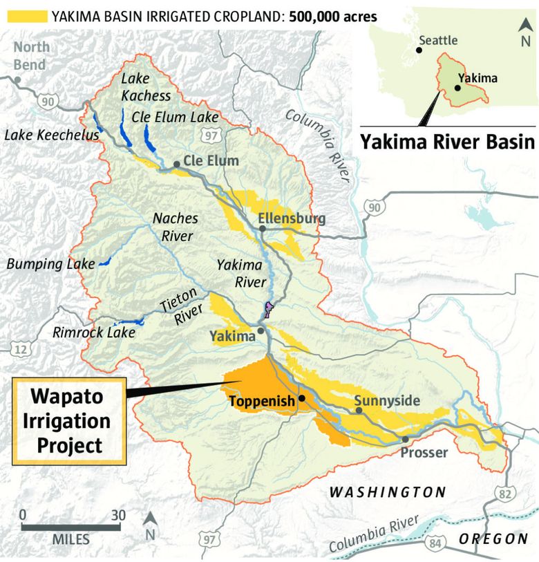 Operated by the Bureau of Indian Affairs, this is the largest irrigation project in the in the Yakima Basin. Sources: Esri; IPC; U.S. Department of the Interior, Bureau of Reclamation (Mark Nowlin / The Seattle Times)