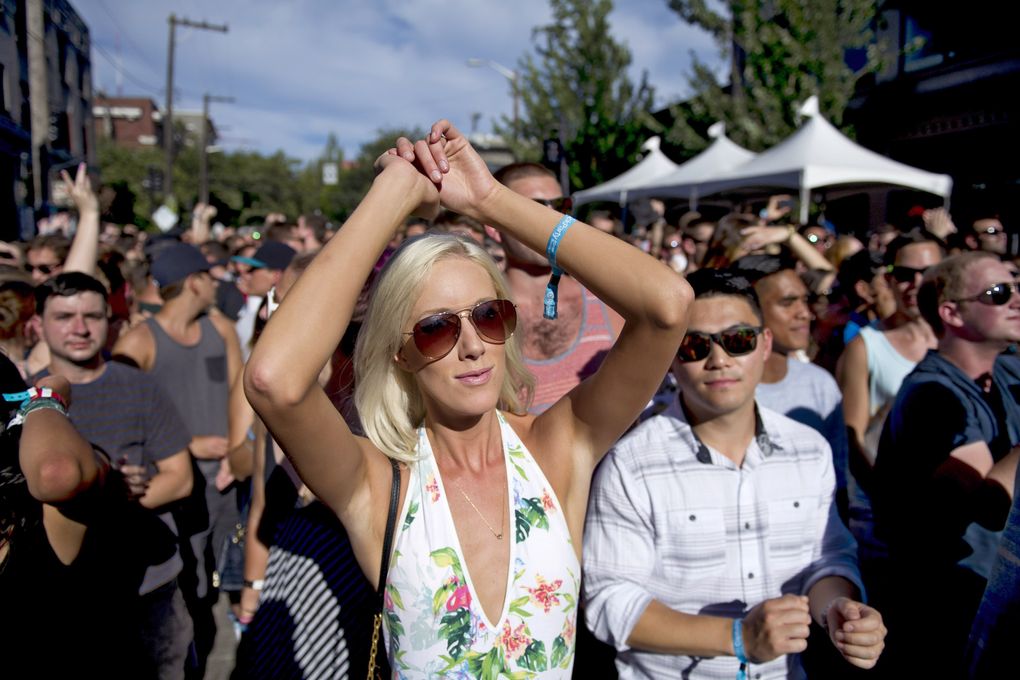 Rachel Riva dances during a performance by RAC on the main stage during the Capitol Hill Block Party in 2014. The annual music festival hosts local and nationally known artists across several stages. (Maddie Meyer / The Seattle Times)