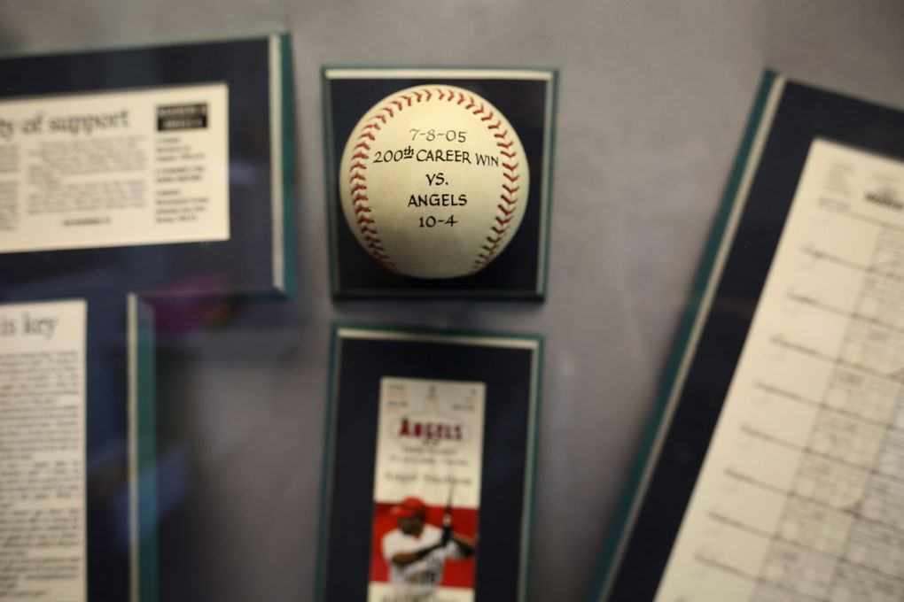 Some of the artifacts from the career of Seattle Mariners pitcher Jamie Moyer, at his foundation’s Magnolia headquarters, Thurs., Aug. 6, 2015, in Seattle. The Moyer Foundation has made Moyer a beloved Seattle athlete as much as what he did on the field. (Ken Lambert / The Seattle Times)