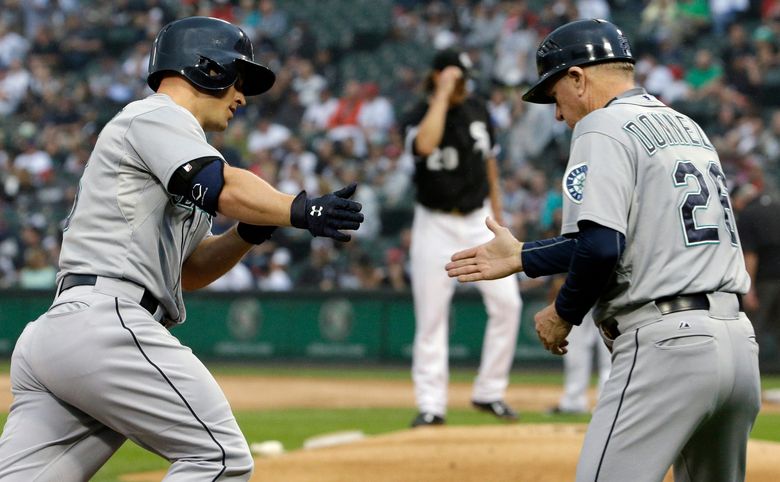 Tyler Saladino of the Chicago White Sox celebrates after getting