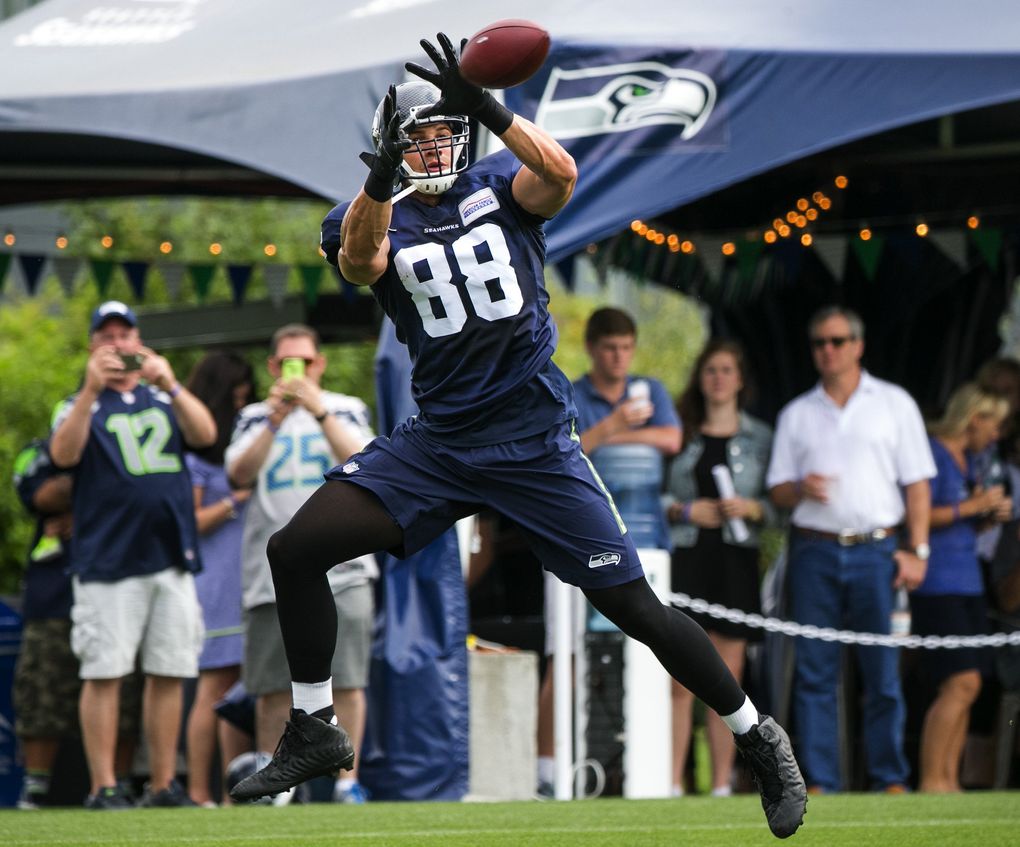 Tight end Jimmy Graham catches a pass during Seahawks Training Camp at the Virginia Mason Athletic Center Monday August 3, 2015. (Bettina Hansen/The Seattle Times)