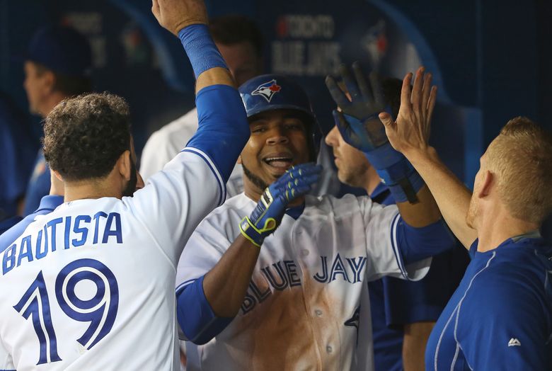 Edwin Encarnacion crashed the Blue Jays dugout in full uniform