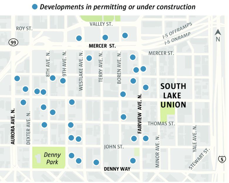 South lake Union is billed as offering a car-free lifestyle, but 31 of the 34 projects under way will add nearly 12,000 parking stalls in underground garages. Source: Seattle Planning & Development (Kelly Shea / The Seattle Times)
