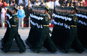 Soldiers of China’s People Liberation Army (PLA) prepare in front of Tiananmen Gate ahead of a military parade to commemorate the 70th anniversary of the end of World War II in Beijing Thursday Sept. 3, 2015. (Jason Lee/Pool Photo via AP)