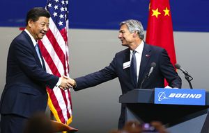 Boeing president and CEO Ray Conner greets Chinese President Xi Jinping at the Boeing plant on Wednesday, September 23, 2015, in Everett, Wash. 

STATE VISIT BY CHINESE PRESIDENT XI JINPING – BOEING EVERETT PLANT – 150253 – 092315  (John Lok / The Seattle Times)