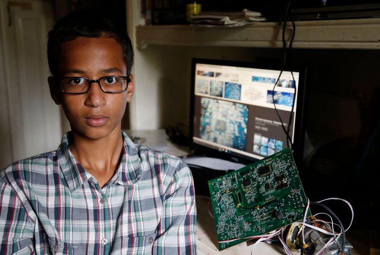 Irving MacArthur High School student Ahmed Mohamed, 14,  at his home in Irving, Texas, on Tuesday. Mohamed was arrested and interrogated by police officers on Monday after bringing a homemade clock to school. Police don’t believe the device is dangerous, but say it could be mistaken for a fake explosive. He was suspended from school for three days, but he has not been charged. (Vernon Bryant/The Dallas Morning News)