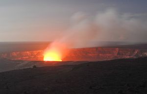 Credit:  Ed Shiinoki /NPS
Caption: View of Halema‘uma‘u in Hawaii Volcanoes National Park from Jaggar Museum Overlook as darkness falls.