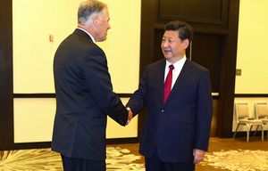 Washington State Governor Jay Inslee, left, greets Chinese President Xi Jingping at the start of a local officials meeting at the Westin Hotel on Tuesday, September 22, 2015, in Seattle, Wash. STATE VISIT BY CHINESE PRESIDENT XI JINPING  – 150238 – 092015