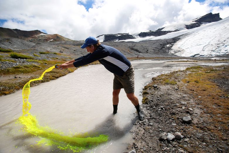 Glaciologist Mauri Pelto pours biodegradable dye into a runoff stream Friday, Aug. 7, 2015, in order to measure the volume of runoff on Sholes Glacier, on the northeast slope of Mount Baker. The glacier has receded more than 90 meters, or nearly 300 feet, Pelto said. (Sy Bean / The Seattle Times)