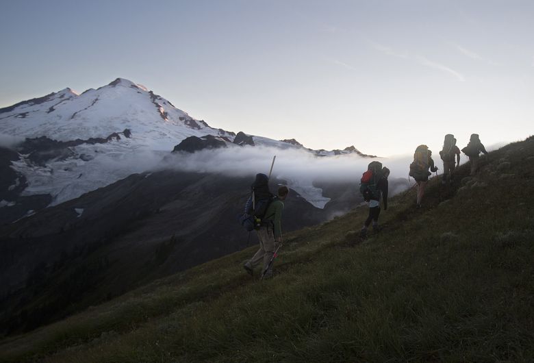 The research team heads toward a campsite as Mount Baker catches the last of the day’s light on Thursday, Aug. 6, 2015. This is Pelto’s 32nd year collecting data on Sholes Glacier. (Sy Bean / The Seattle Times)