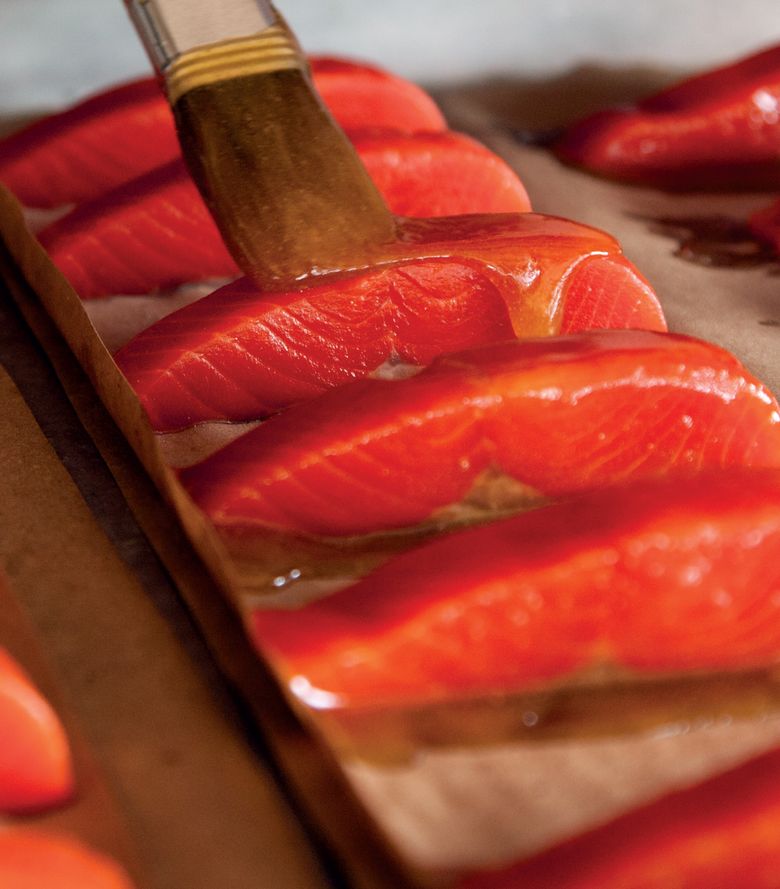Lummi Island smoked sockeye salmon gets a butter, brown sugar and verjus glaze at the Willows Inn. (Charity Burggraaf)