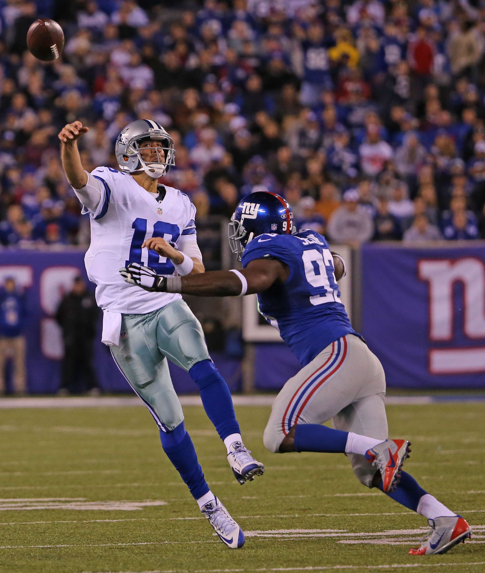 Dallas Cowboys quarterback Matt Cassel (16) gets pass rushed by