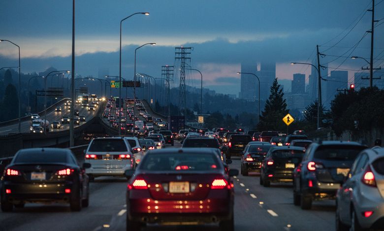 Southbound traffic on Interstate 5 is congested as drivers approach Seattle on Friday.  (Steve Ringman/The Seattle Times)