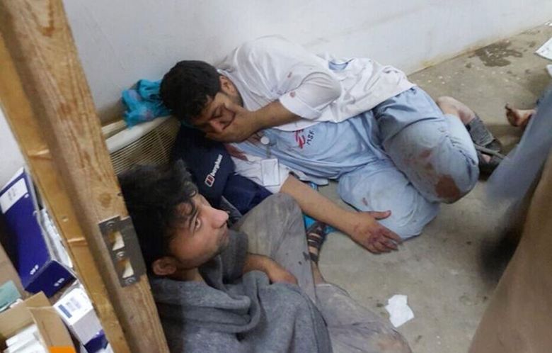 Injured, Doctors Without Borders staff are seen after an explosion near their hospital in the northern Afghan city of Kunduz, Saturday, Oct. 3, 2015. Nine local staffers for Doctors Without Borders were killed and 30 were missing after an explosion that may have been caused by a U.S. airstrike. In a statement, the international charity said the “sustained bombing” took place at 2:10 a.m. (2140 GMT). Afghan forces backed by U.S. airstrikes have been fighting to dislodge Taliban insurgents who overran Kunduz on Monday.  (Médecins Sans Frontières via AP)