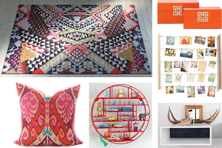 Clockwise from top left: Day Tripper Area Rug, $98–$198; Z Gallerie Ming Boxes, $60 for two; Umbra Hangit Photo Wall Display, $20; Urbancase Snap shelf, $750; Land of Nod Radial Wall Shelf, $189; Ink and Linen Ikat Pillow Cover, $25