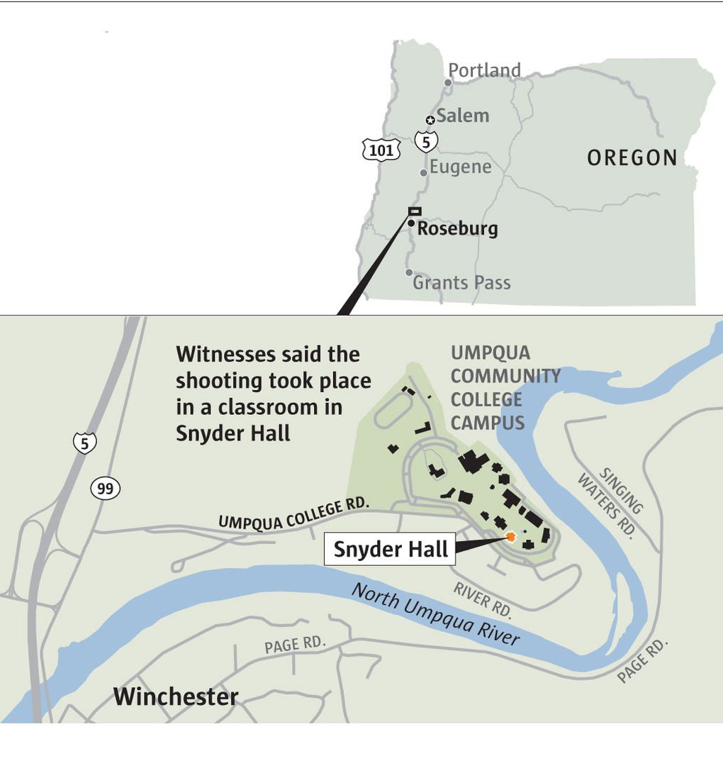 A gunman opened fire at
Oregon’s Umpqua Community
College shortly after 10:30 a.m. Thursday. The single gunman died after an exchange of gunfire with officers. Source: Esri, CNN, The New York Times, oregonlive.com (Mark Nowlin / The Seattle Times)