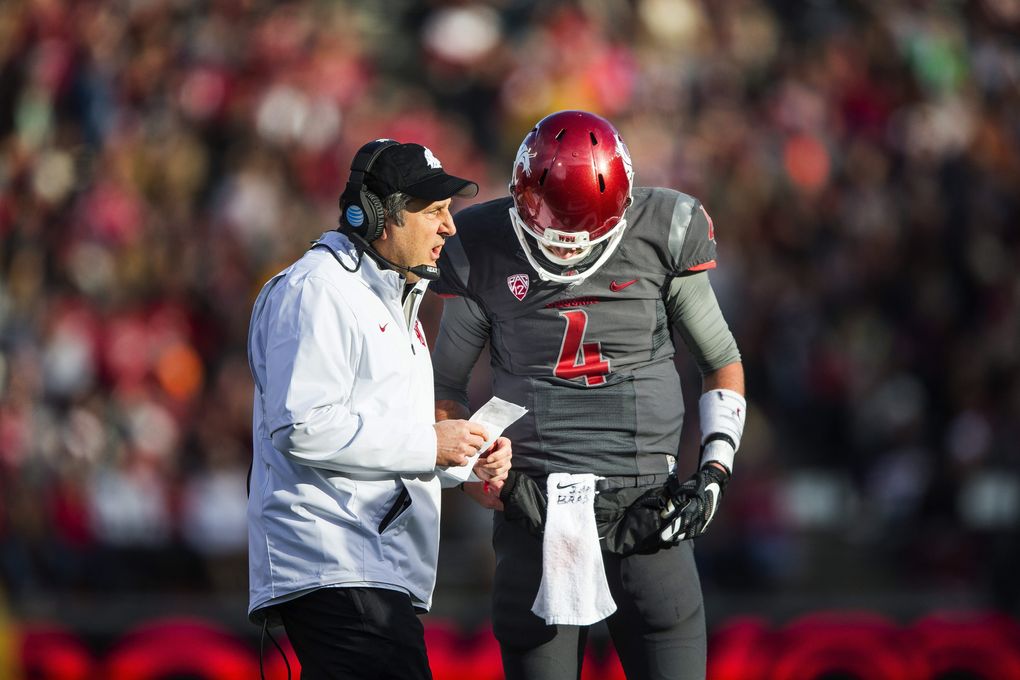 An inadvertent whistle gives Washington State an unexpected second try at the end zone on 4th down, and Mike Leach makes Arizona State pay getting Luke Falk to throw an 11-yard strike to the end zone, getting the Cougs to 14-10 at halftime. Arizona State played Washington State Saturday, Nov. 7, 2015 at Martin Stadium in Pullman, WA. (Dean Rutz / The Seattle Times)