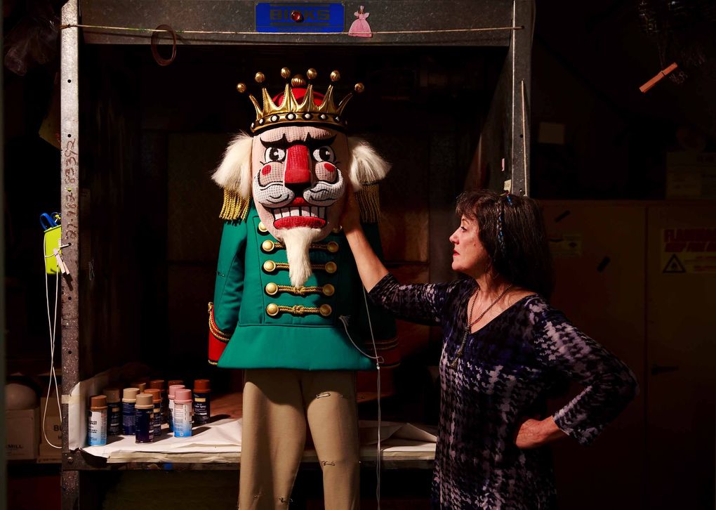 Wendy Oberlin, who works on dyeing and painting in PNB’s costume shop, fabricated a nutcracker costume that can be put on and taken off quickly. The costume, based on Ian Falconer’s designs, provides a hint of the bright colors you’ll find in the production. (Erika Schultz/The Seattle Times)