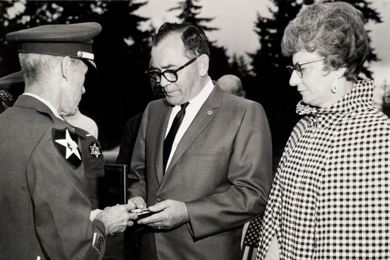 Bernard and Rae Cheney receive the Distinguished Flying Cross from the U.S. Department of the Army on Memorial Day in 1969. (Courtesy Jerilyn Brusseau and Rae Cheney)