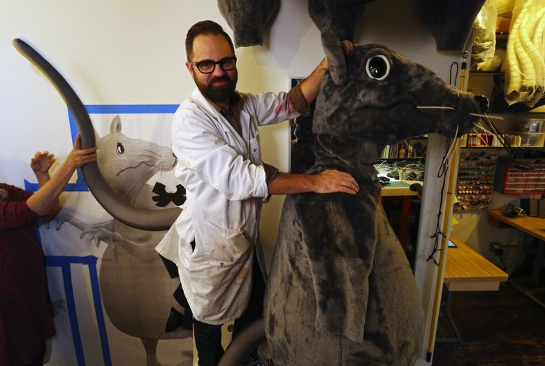 Seattle native and costume designer Erik Andor is in charge of creating the production’s 17 mouse costumes from Ian Falconer’s fanciful drawings (one’s at left). (Ken Lambert / The Seattle Times)