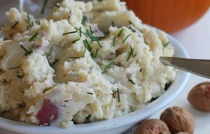 This Oct. 5, 2015 photo shows deviled mashed potatoes in Concord, NH. We started by creating a master recipe for basic, buttery-creamy mashed potatoes that are delicious just as they are. We also offer you six ways to jazz up our basic recipe. (AP Photo/Matthew Mead)