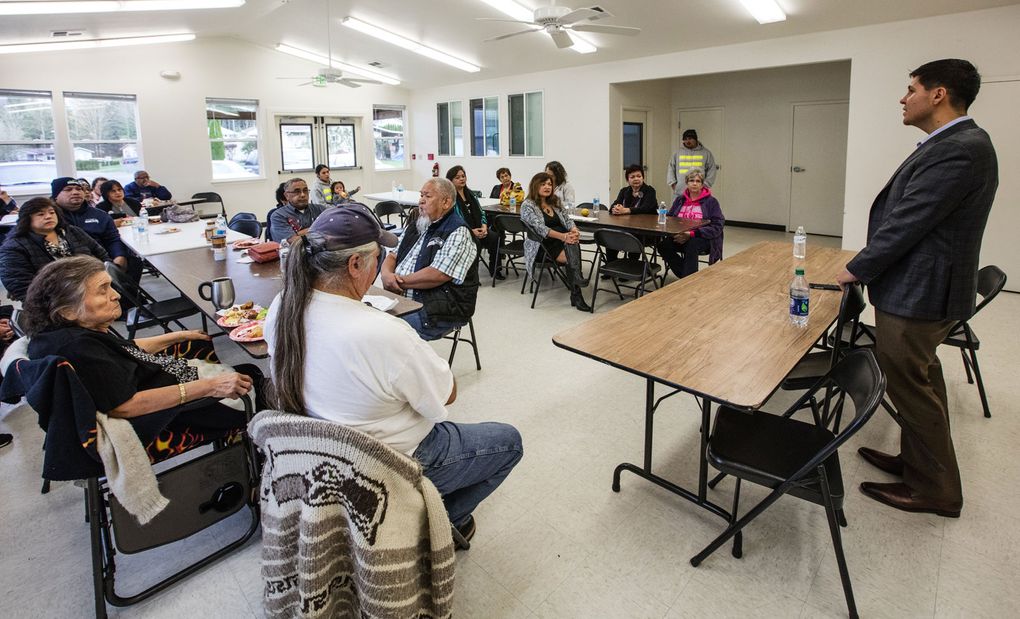 Gabriel Galanda speaks recently to Nooksack members who are facing possible disenrollment. He said he instinctively knew they are part of the tribe: “It’s almost like love at first sight. It was tribal at first sight.” (Steve Ringman / The Seattle Times)
