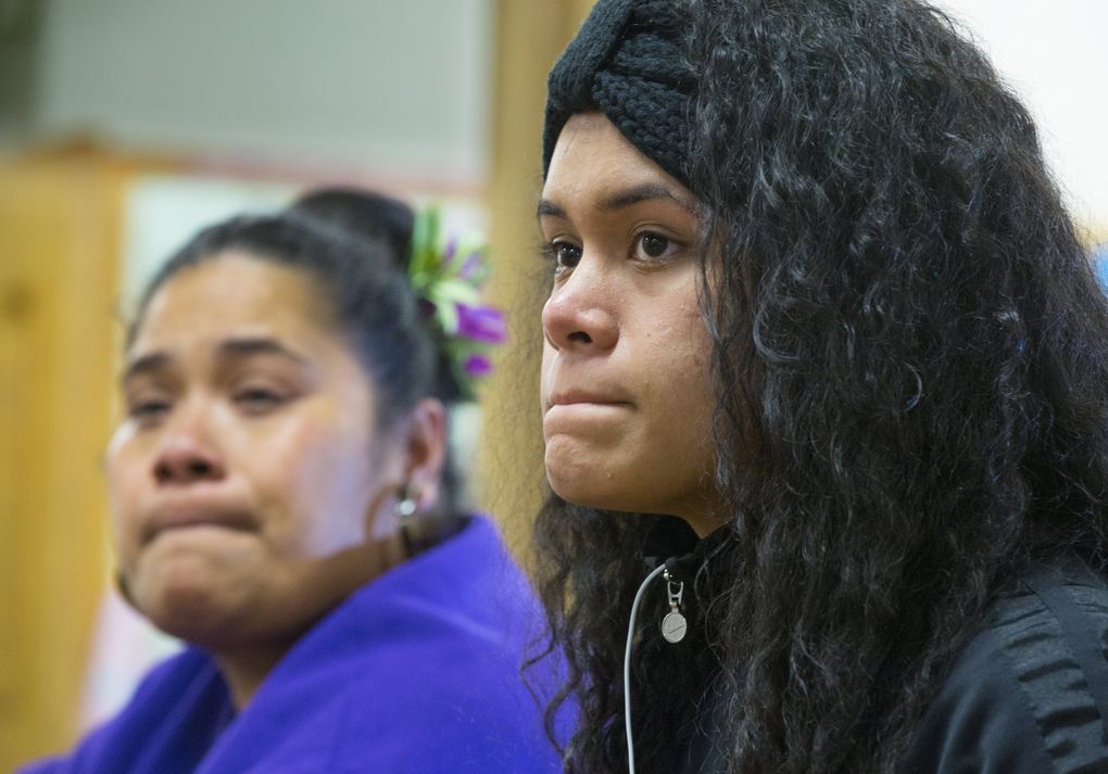Tavaesina Maiava, a senior, talks about how emotional it was for her to tell her life story during an assembly. At left is her mother, Lilieni Maiava. (Mike Siegel/The Seattle Times)