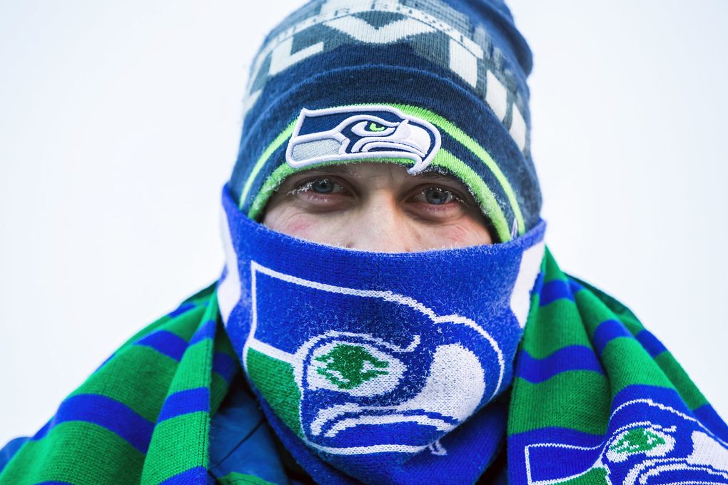 Andy Fenkner of Kent is bundled up before the Seattle Seahawks take on the Minnesota Vikings on Sunday. (Bettina Hansen / The Seattle Times)