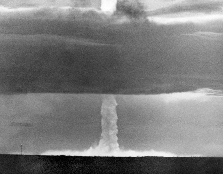 FILE – In this  May 21, 1956 file photo, the stem of a hydrogen bomb, the first such nuclear device dropped from a U.S. aircraft, moves upward through a heavy cloud and comes through the top of the cloud, after the bomb was detonated over Namu Island in the Bikini Atoll, Marshall Islands. The hydrogen bomb was never dropped on any targets. It was first successfully tested in the 1950s by the U.S., in bombs called Mike and Bravo. Soviet tests soon followed. (AP Photo, File)