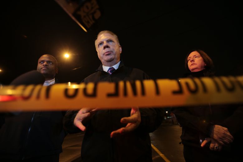 Seattle Mayor Ed Murray discusses the Sodo homeless encampment shooting, Tuesday evening. (Dean Rutz/The Seattle Times)