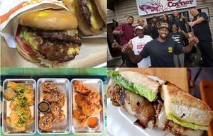 TOP LEFT: At the U-DistrictÕs new CaliBurger, if you want it animal-style, ask for ÒCali-styleÓ (like this CaliDouble at left). (Bethany Jean Clement / The Seattle Times) TOP RIGHT: Terrell Jackson (front, center) has revived the beloved Seattle soul-food spot Catfish Corner, which was started by his grandparents Woody and Rosie Jackson, to his left and right, decades ago. (Ellen M. Banner/The Seattle Times)
BOTTOM LEFT: The fried chicken wings at Super Six are available in three sauces. From left: Òono,Ó a sassy ginger-soy topped with green onions; sticky-sweet char siu sprinkled with sesame seeds; and spicy Korean. (Mike Siegel/The Seattle Times) BOTTOM RIGHT: The Lorenzo brothers, Julian and Lucas, sons of Lorenzo Lorenzo, PaseoÕs former owner, have opened a new place called Un Bien. This is their Caribbean roast sandwich. (Greg Gilbert/The Seattle Times)