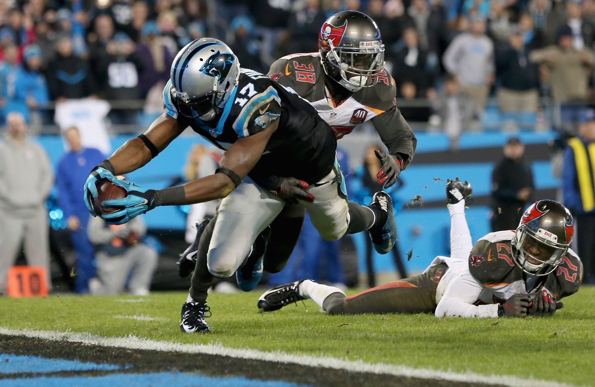 Carolina Panthers wide receiver Devin Funchess celebrates a first