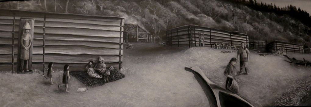 This painting in the new Lummi tribal center depicts a traditional Lummi village with cedar plank homes. The ancestral village at Cherry Point would have looked like this. (Courtesy of Lummi Nation)